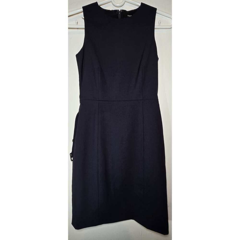 Theory Vaille Sevona Stretch Wool Business Dress Navy Blue Belted Sheath Size 2